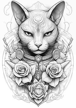 Tattoo template of a regal cat with intricate patterns framed by ornate roses