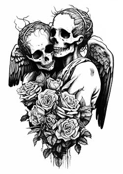 Tattoo template of entwined skulls with wings amidst roses