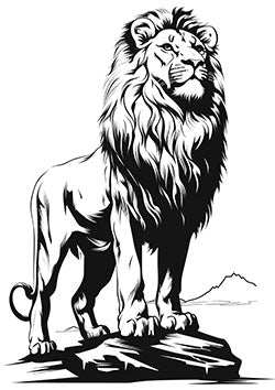 Tattoo template of a majestic lion standing on a rock with a detailed mane