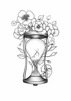 Tattoo template of an hourglass embraced by blooming flowers symbolizing the transient beauty of life and nature's cycles