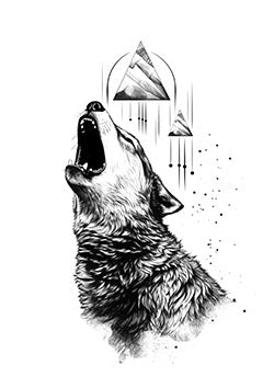 Tattoo template of a howling wolf with geometric mountains