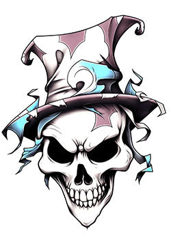 Tattoo template of a grinning skull with tattered wizard hat evoking an eerie and mystical aura.