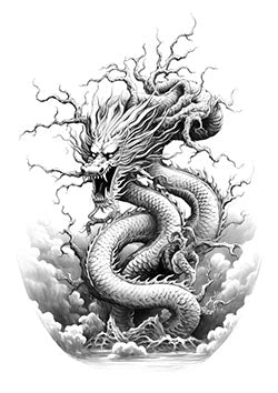 Tattoo template of a lightning-infused dragon in clouds