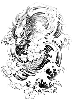 Tattoo template of a dragon with waves and cherry blossoms