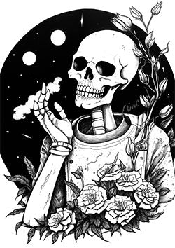 Tattoo template of a skeleton astronaut with flowers and celestial bodies in a night sky.