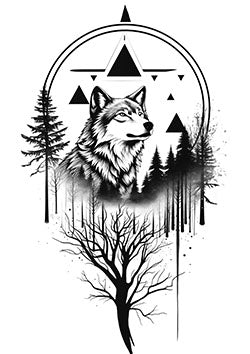 Tattoo template of a wolf with geometric shapes and forest elements