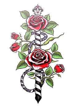 Tattoo template of a sword entwined with red roses and green leaves