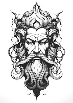 Tattoo template of a sage elder with flowing hair and beard, surrounded by intricate line work