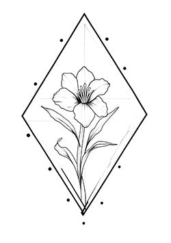 Tattoo template of a delicate lily within a geometric diamond frame