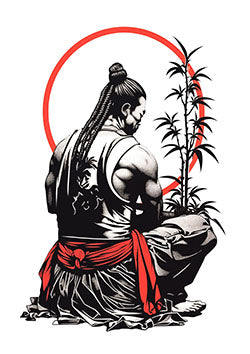 Tattoo template of a samurai holding a child with bamboo in the background