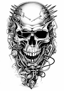 Tattoo template of a skull surrounded by mechanical components and intricate details