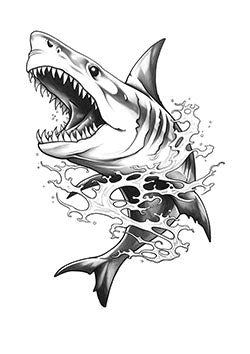 Tattoo template of a shark bursting through waves with sharp teeth and fierce energy