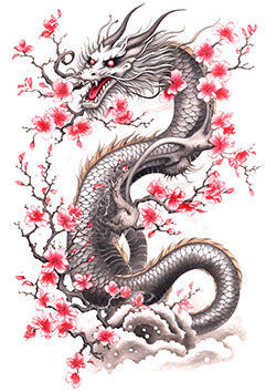 Tattoo template of a dragon with cherry blossoms