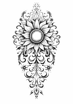 Tattoo template of a stylized sunflower with ornate details