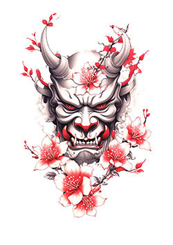 Tattoo template of a demon with cherry blossoms