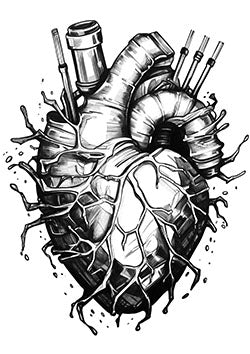 Tattoo template of an artistic heart with tattoo guns and ink splashes