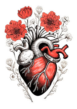 Tattoo template of a heart with surrounding flowers