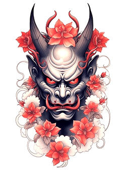 Tattoo template of an Oni demon surrounded by flowers