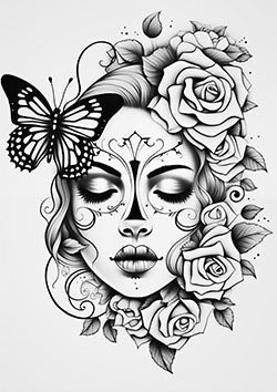 Tattoo template of a woman's face with roses and a butterfly, portraying beauty and mystery