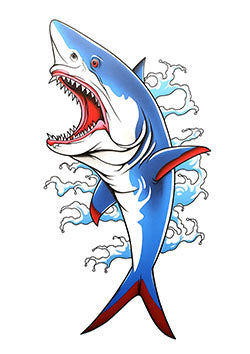 Tattoo template of a fierce shark leaping out of the water with jaws wide open