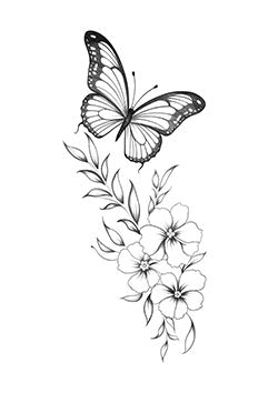 Tattoo template of a butterfly above blooming flowers and leaves