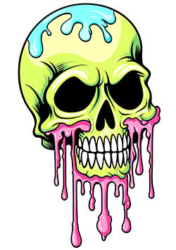 Tattoo template of a vibrant neon skull with melting pink drips conveying an eerie and surreal vibe.