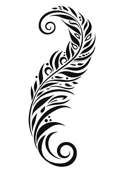 Tattoo template of a stylized feather with intricate swirls