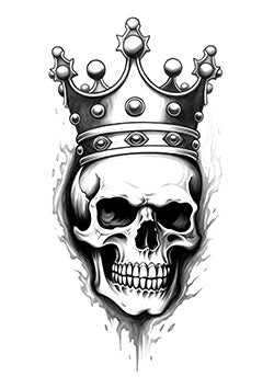 Tattoo template of a skull wearing a crown, illustrating the blend of power and mortality