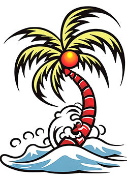 Tattoo template of a palm tree on an island in the ocean with the sun shining overhead