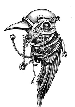 Tattoo template of a mechanical raven with steampunk elements and intricate gear details