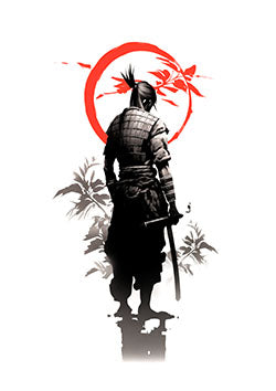 Tattoo template of a samurai with sword and red sun background