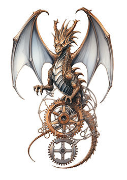 Tattoo template of a dragon intertwined with gears and clockwork, blending mythical power with mechanical precision