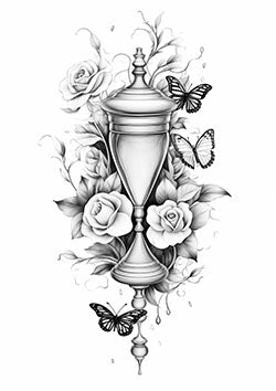 Tattoo template of a delicate hourglass with roses and butterflies, symbolizing the fleetingness of life