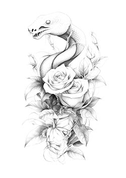 Tattoo template of a serpent entwined with blooming roses and leaves