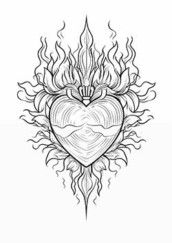 Tattoo template of a flaming heart with a sword piercing through and intricate line work reflecting passion and strength