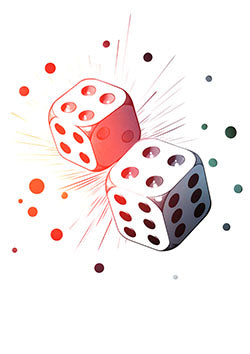 Tattoo template of tumbling dice surrounded by colorful bursts symbolizing luck and excitement