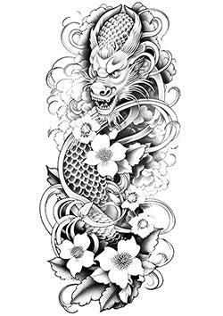 Tattoo template of a dragon entwined with flowers