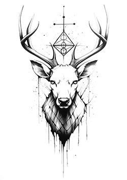 Tattoo template of a stag with ornate antlers and geometric symbols