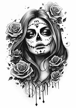 Tattoo template of a woman with Día de los Muertos face paint surrounded by roses