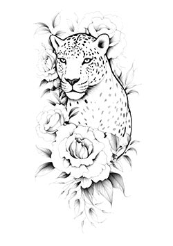 Tattoo template of a leopard with flowers and leaves, symbolizing strength and beauty