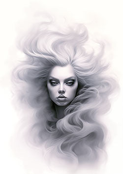 Tattoo template of a beautiful woman with flowing hair and an intense gaze, exuding ethereal grace and mystique.