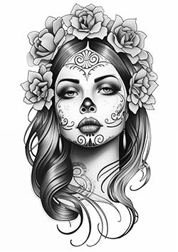 Tattoo template of a woman's face with sugar skull makeup and roses