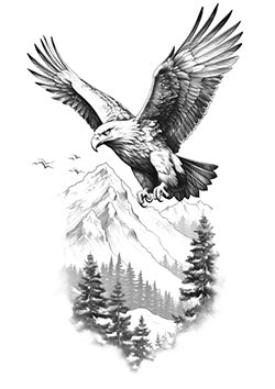 Tattoo template of an eagle over mountains and trees