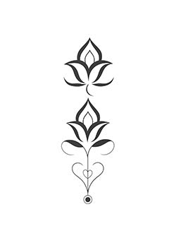 Tattoo template of an elegant double lotus floral design with intertwined lines and heart motif