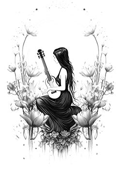 Tattoo template of a woman with guitar among flowers