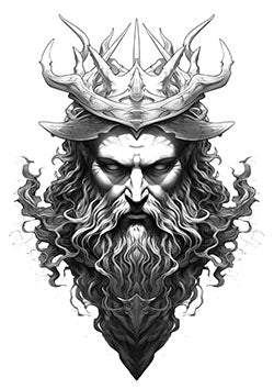 Tattoo template of a sea king with flowing beard and intricate crown emanating power and wisdom