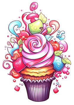 Tattoo template of a colorful cupcake with swirling frosting and whimsical candies.