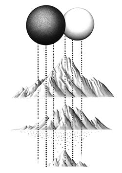 Tattoo template of sun and moon over mountains