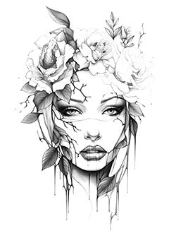 Tattoo template of a woman's face with flowers and a snake intertwining.