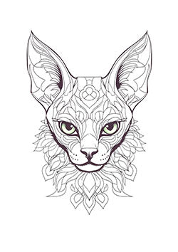 Tattoo template of a detailed cat face with mandala patterns and green eyes